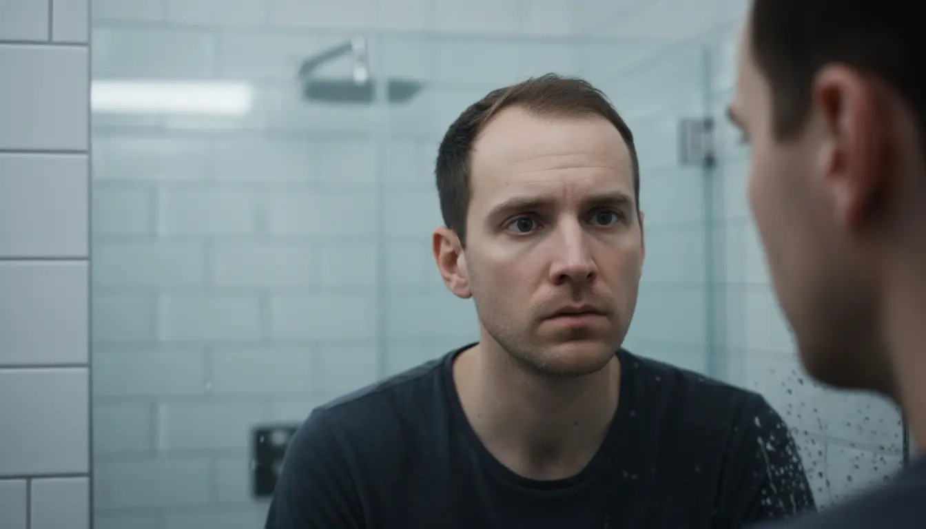 Photorealistic close-up of a 23-year-old man in a modern bathroom, looking into a mirror with a worried expression,