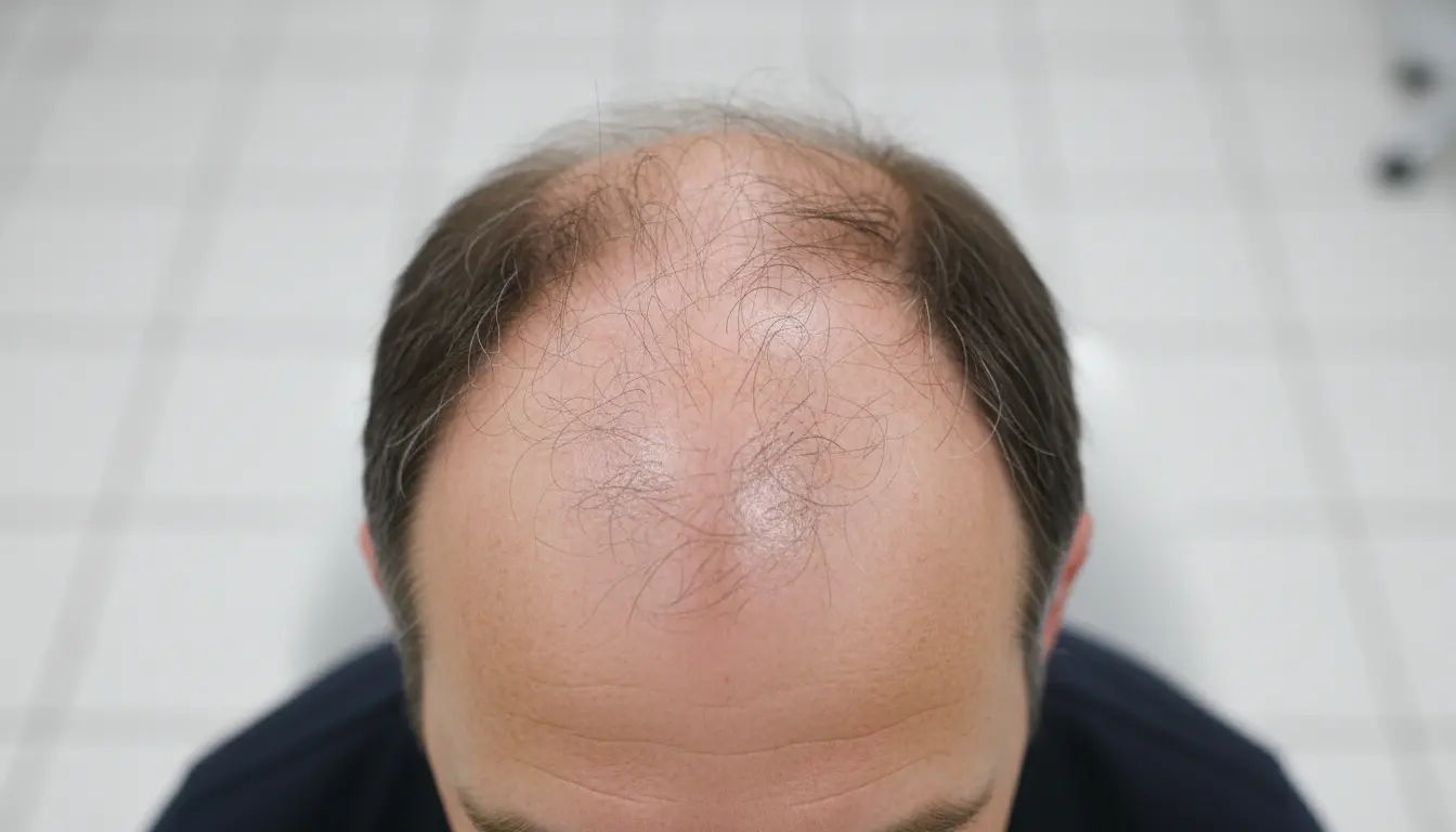 An overhead cinematic shot of a man's scalp illustrating the Norwood scale of hair loss, realistic hair thinning patterns, professional medical studio lighting