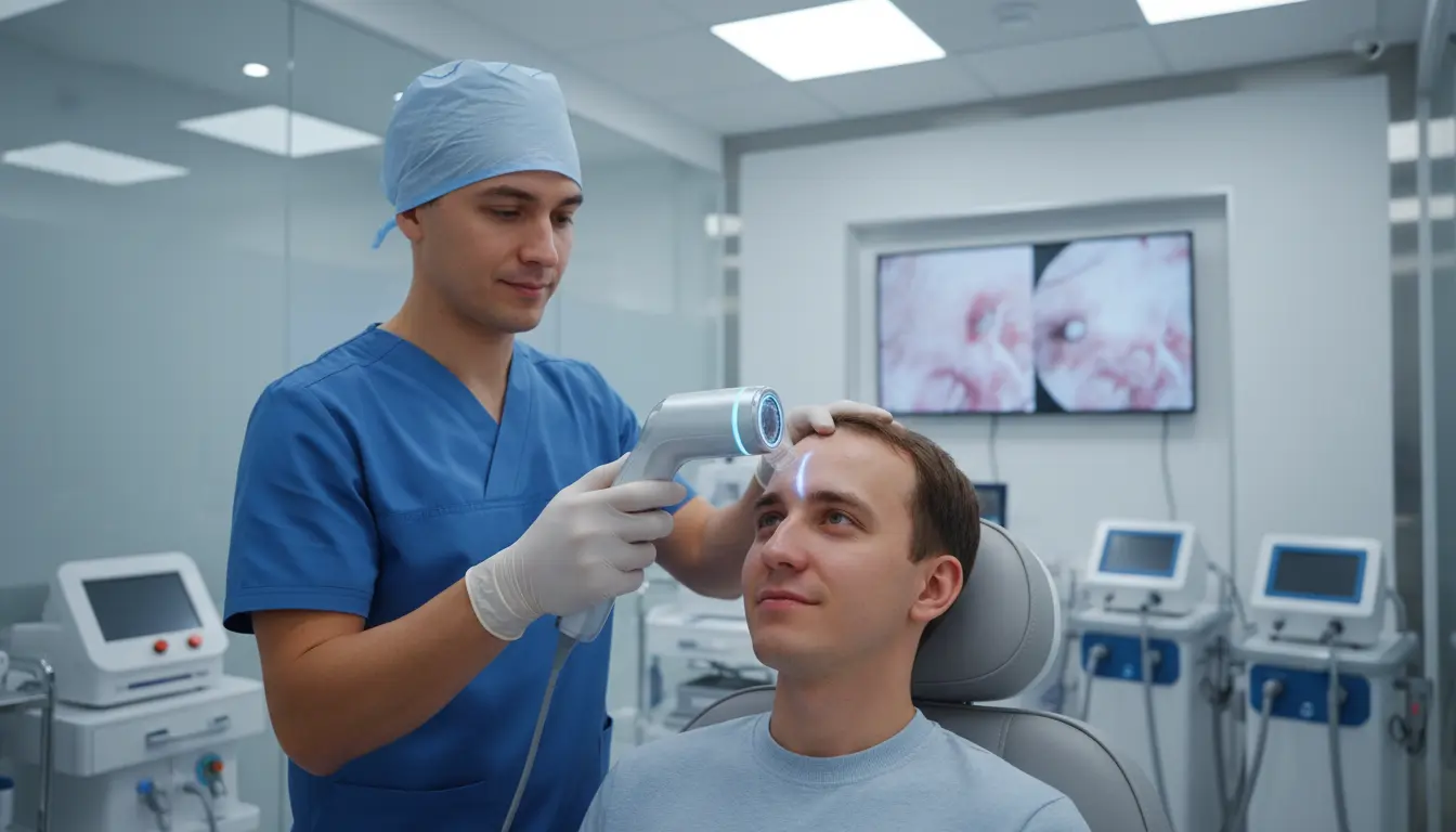A professional hair restoration surgeon in a clean, high-tech medical clinic using a handheld digital trichoscopy device on a young male patient's scalp