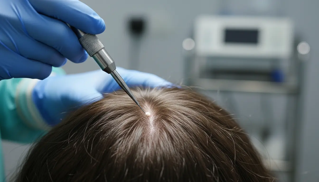 A hyper-realistic close-up of a specialist surgeon's hand using a Choi Implanter Pen to precisely place a hair follicle into a woman's scalp