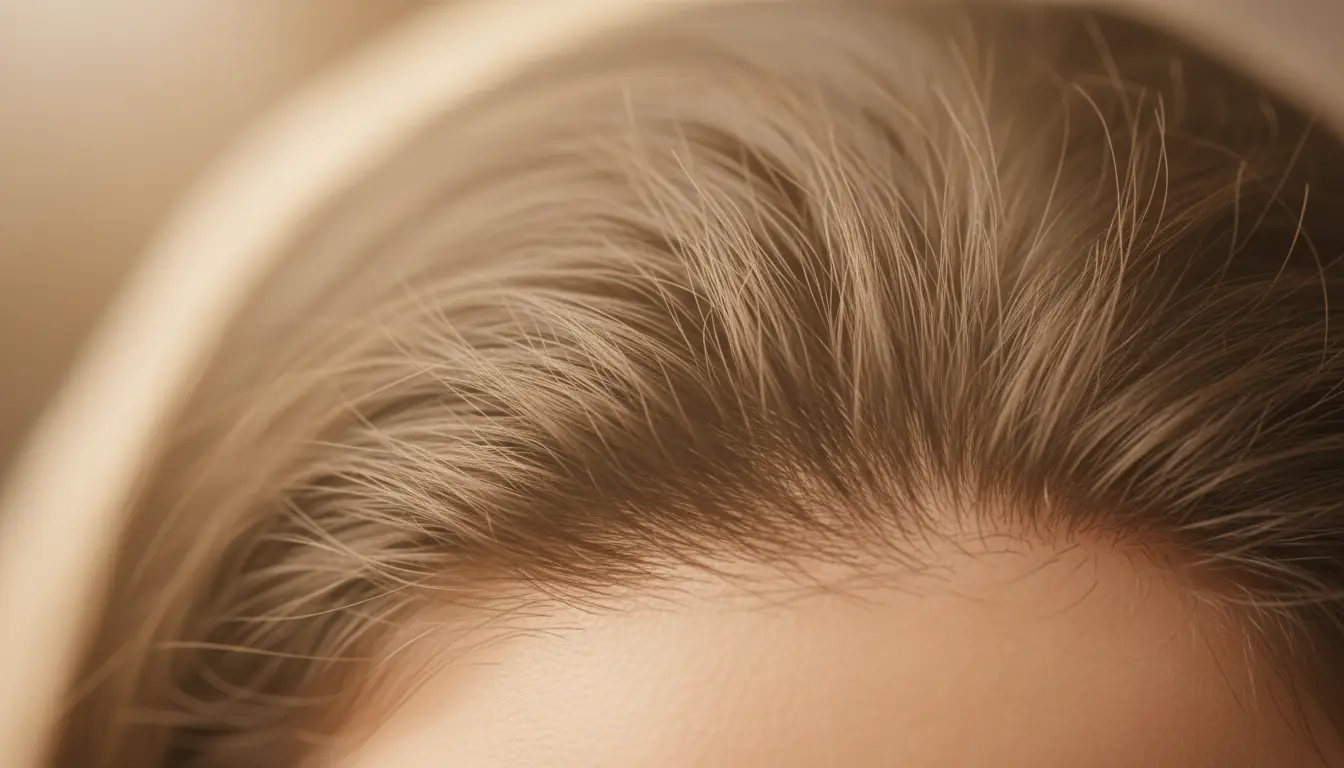 A macro shot of a woman's hairline showing the soft, natural transition and density achieved through Robotic DHI.