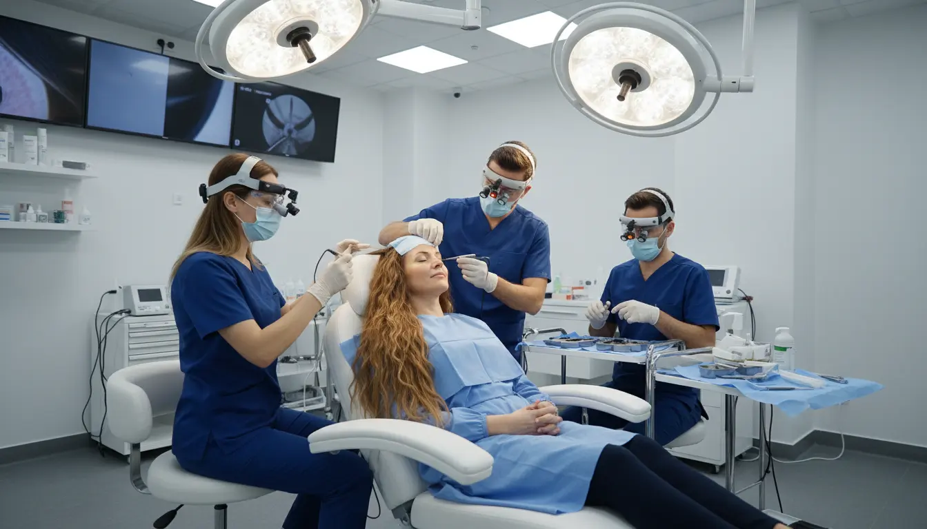 A professional clinical setting where a female patient in her 40s is undergoing a 'Long Hair DHI' procedure. She is relaxed, sitting in a modern ergonomic surgical chair, while a team of experts works meticulously.