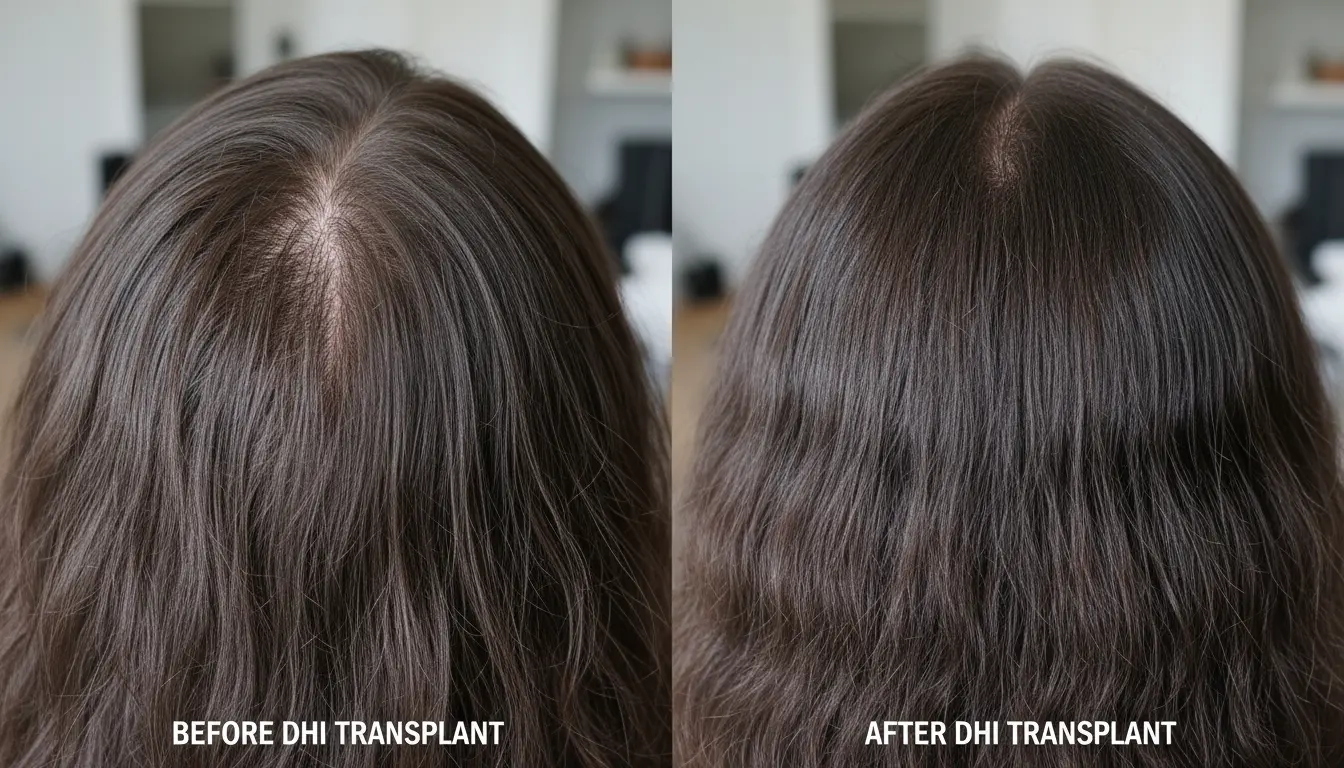 A split-screen comparison style photo showing a woman's hair part. On one side, thinning hair revealing the scalp; on the other, dense, voluminous hair after a successful DHI transplant.