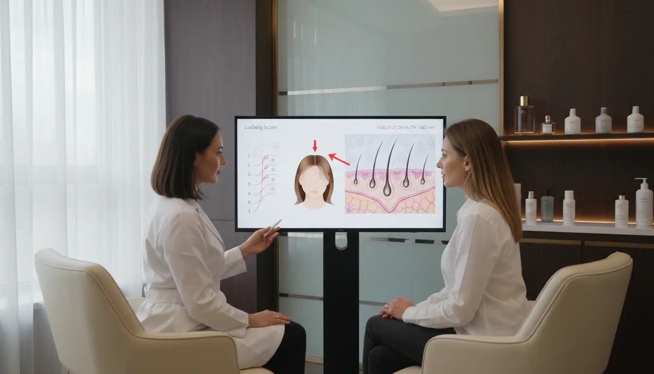 A boutique clinic consultation scene where a specialist is showing a female patient a digital scalp analysis on a high-resolution monitor.